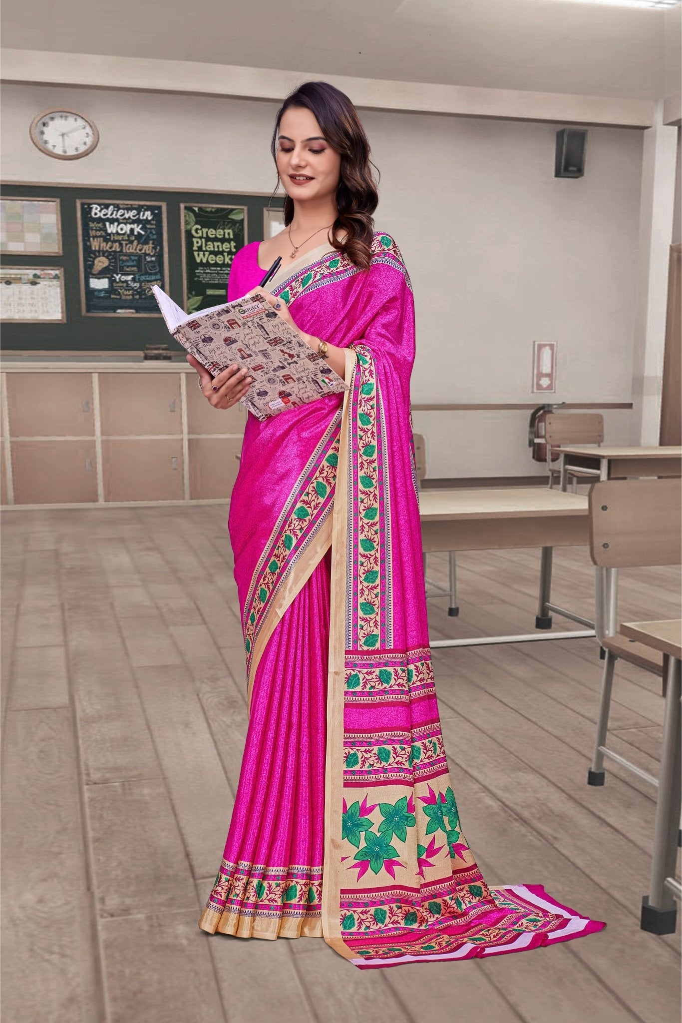 Pink Crepe Professional Teacher Saree - FeministaCrepe