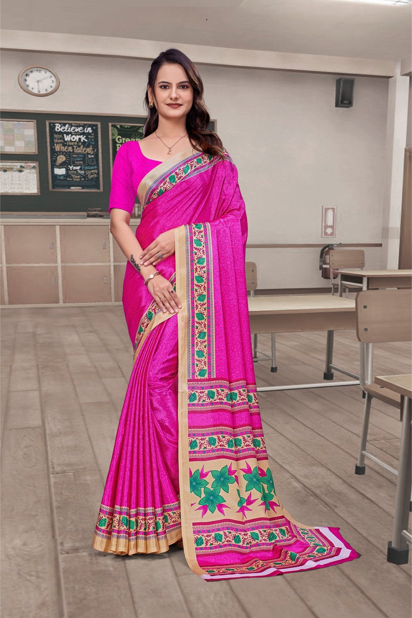 Pink Crepe Professional Teacher Saree - FeministaCrepe