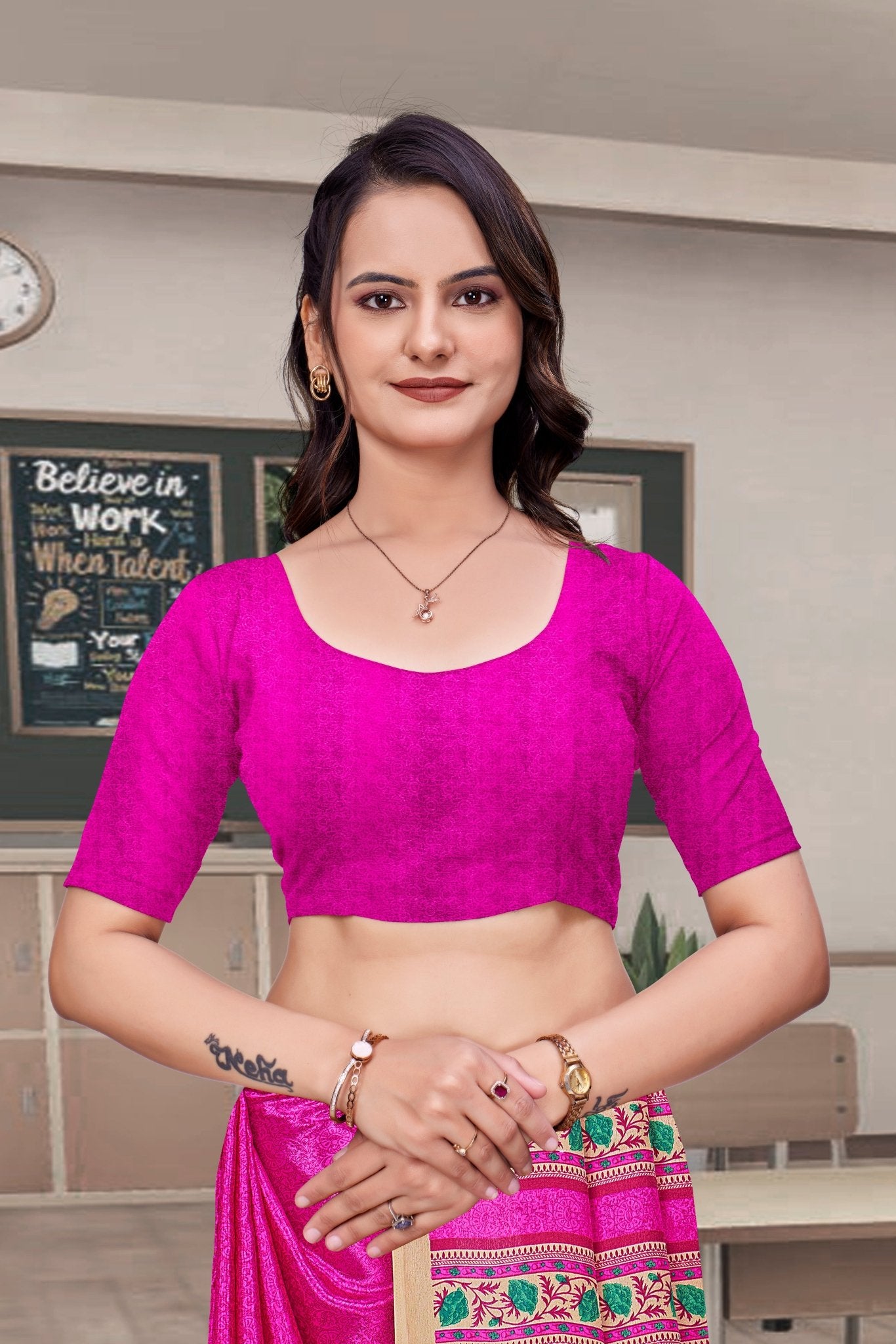 Pink Crepe Professional Teacher Saree - FeministaCrepe