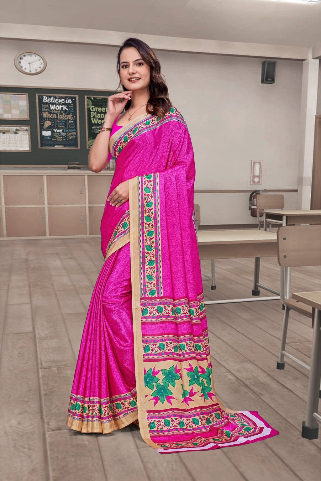 Pink Crepe Professional Teacher Saree - FeministaCrepe
