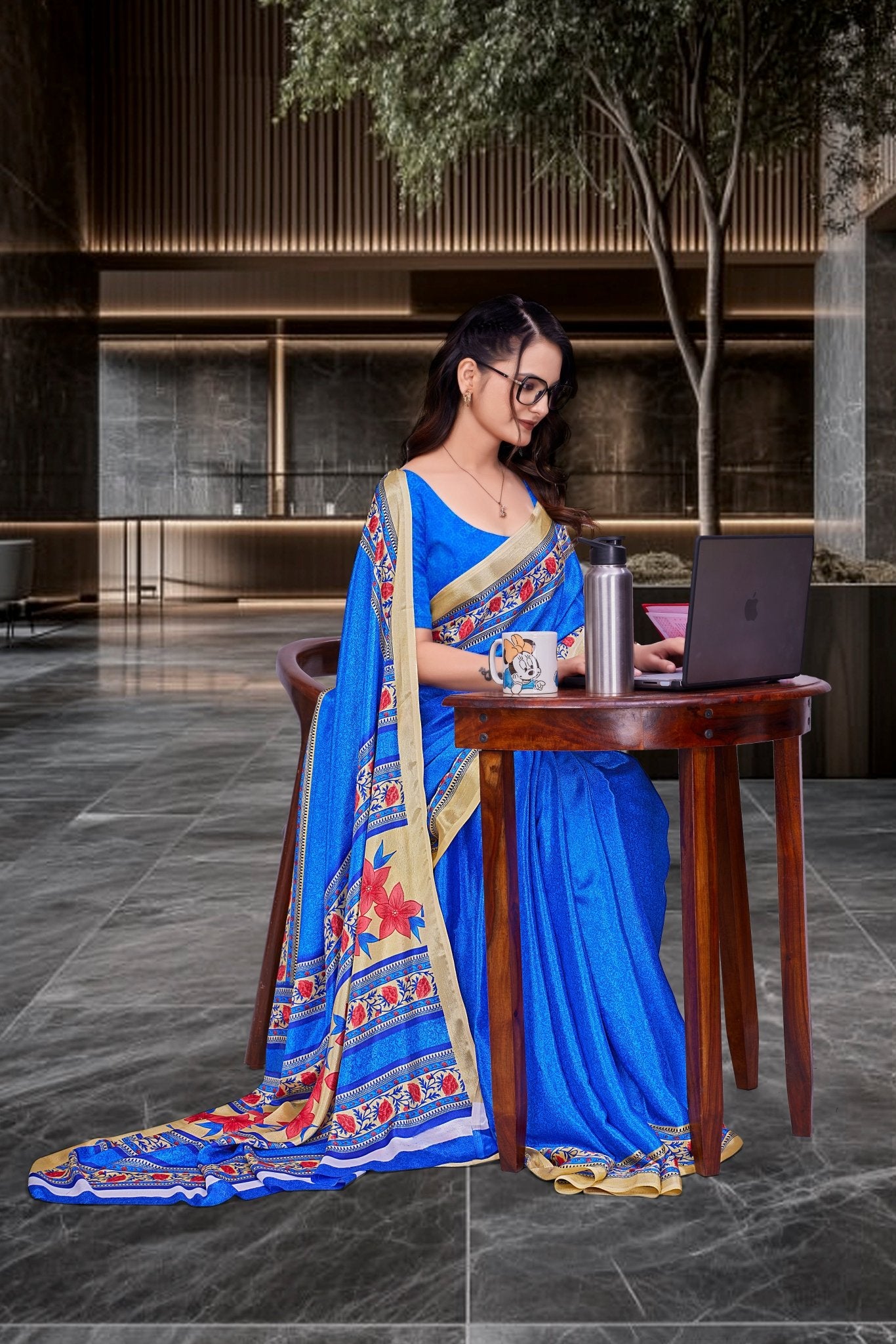 Blue Crepe Professional Office Saree - FeministaCrepe