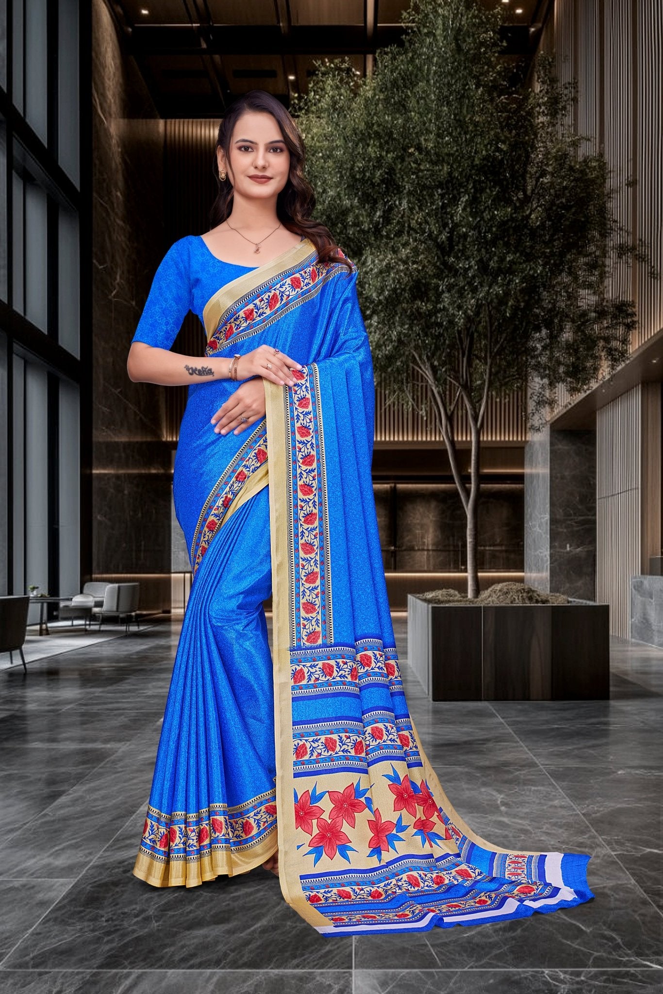Blue Crepe Professional Office Saree - FeministaCrepe