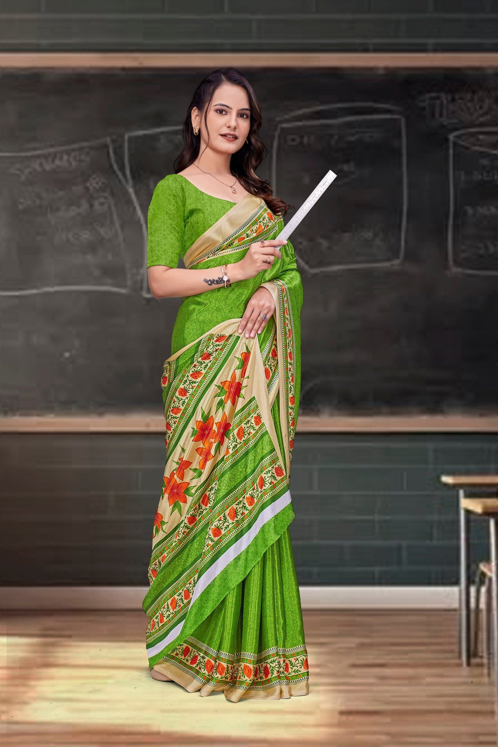 Green Crepe Reception Staff Uniform Saree - FeministaCrepe