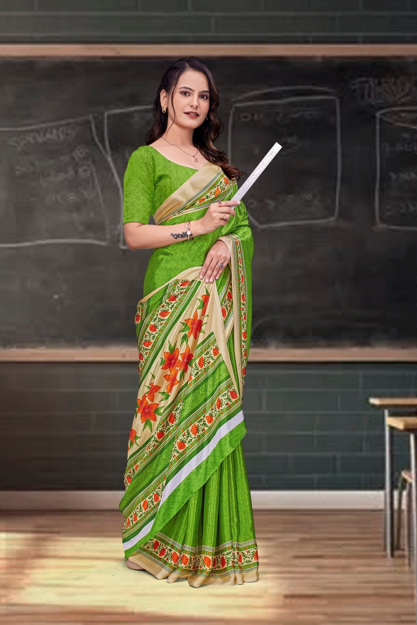 Green Crepe Reception Staff Uniform Saree - FeministaCrepe
