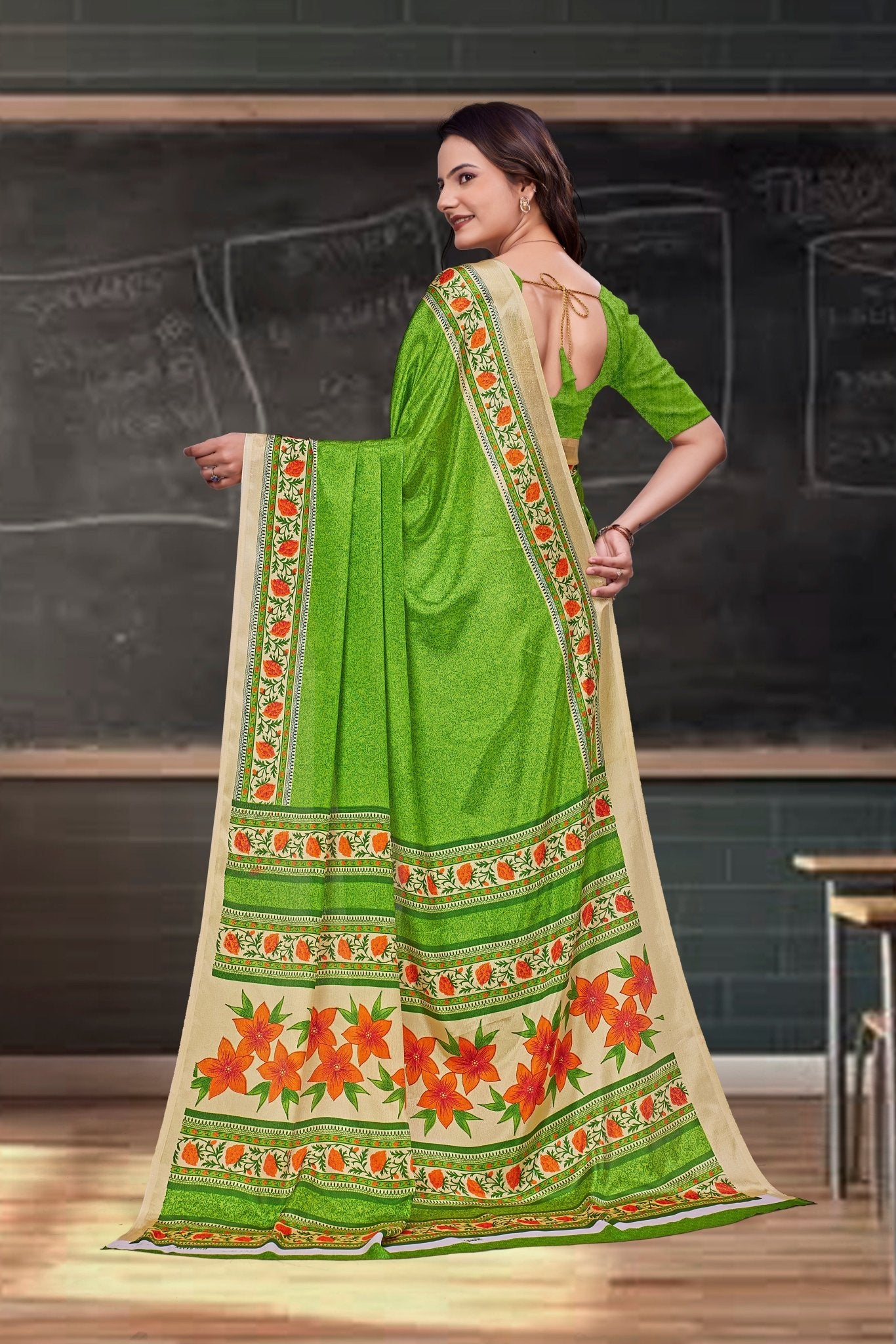 Green Crepe Reception Staff Uniform Saree - FeministaCrepe