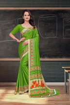 Green Crepe Reception Staff Uniform Saree - FeministaCrepe