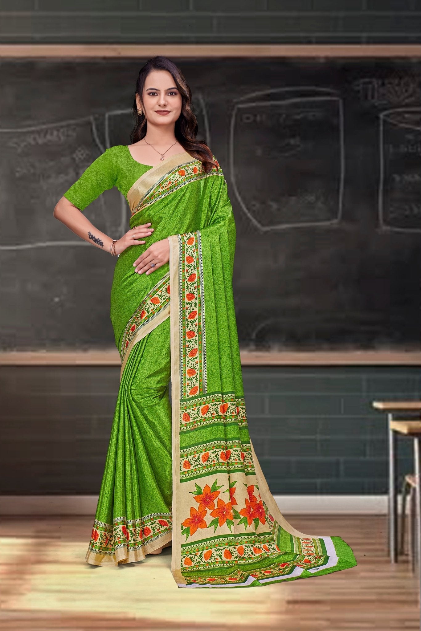 Green Crepe Reception Staff Uniform Saree - FeministaCrepe