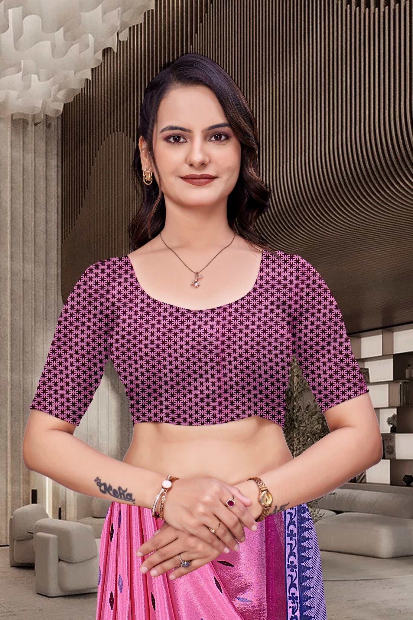 Pink Crepe Workplace Uniform Saree - FeministaCrepe