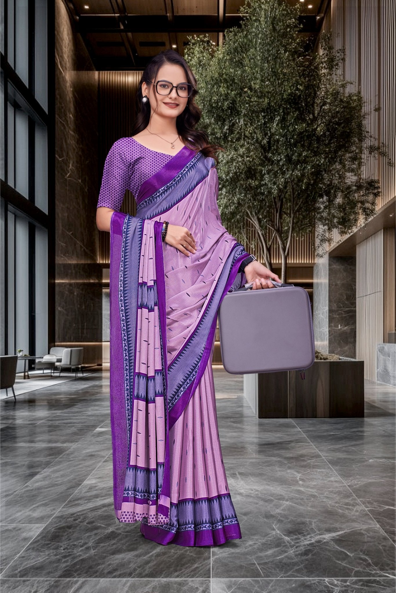 Purple Crepe Teacher Edition Uniform Saree - FeministaCrepe