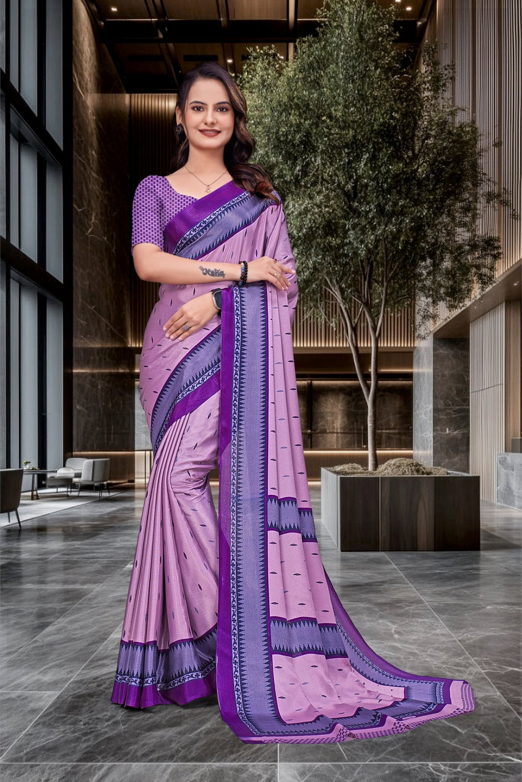 Purple Crepe Teacher Edition Uniform Saree - FeministaCrepe