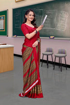 Red Crepe School Uniform Saree for Teachers - FeministaCrepe