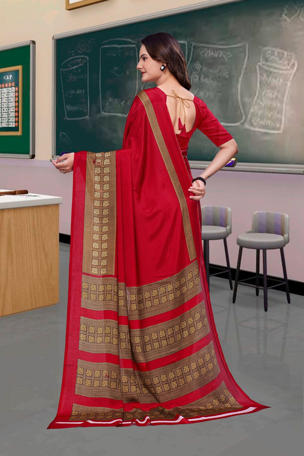 Red Crepe School Uniform Saree for Teachers - FeministaCrepe