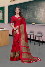 Red Crepe School Uniform Saree for Teachers - FeministaCrepe