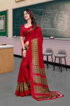 Red Crepe School Uniform Saree for Teachers - FeministaCrepe