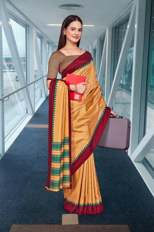 Beige Cotton Silk Corporate Uniform Saree - FeministaCotton Silk