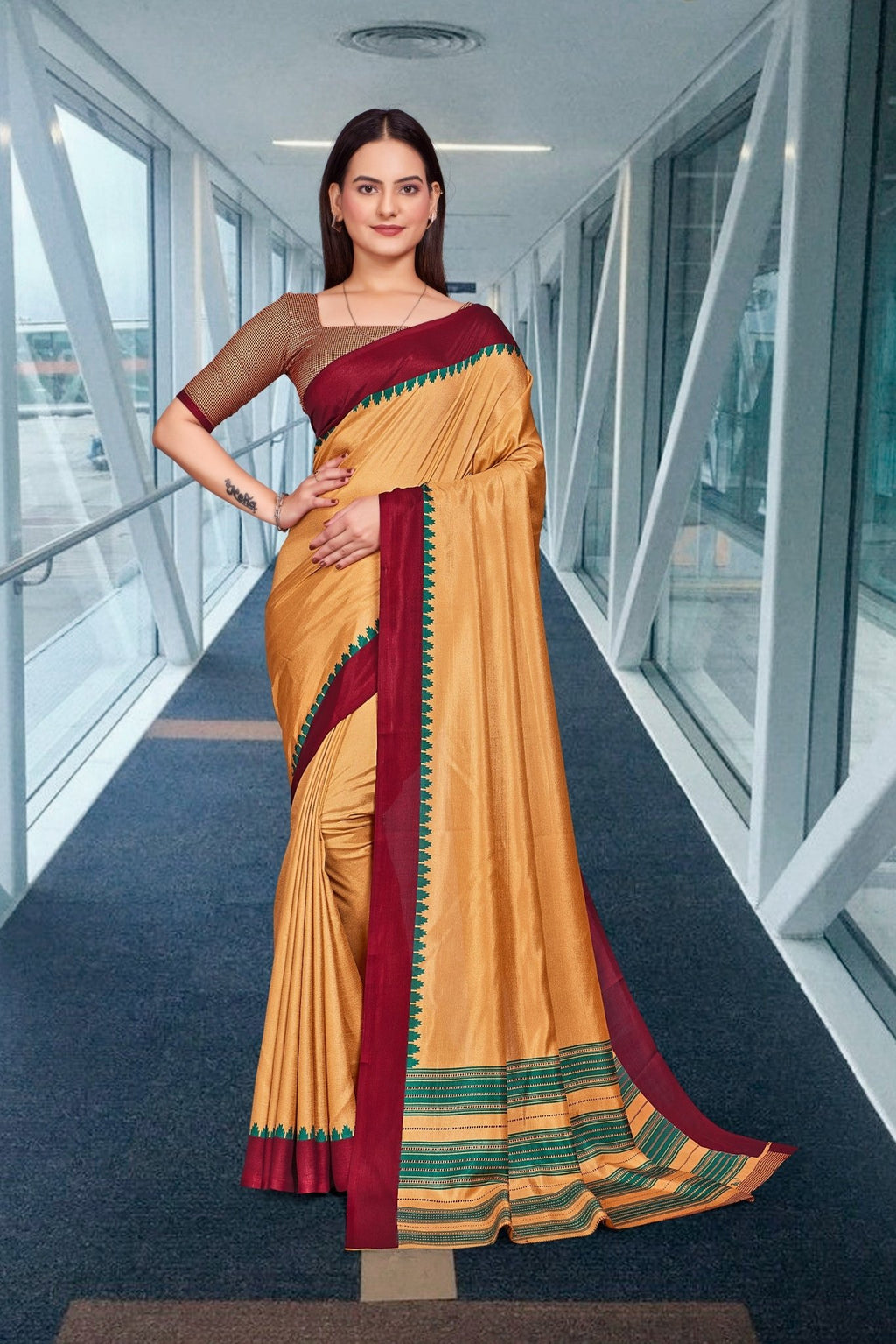 Beige Cotton Silk Corporate Uniform Saree - FeministaCotton Silk