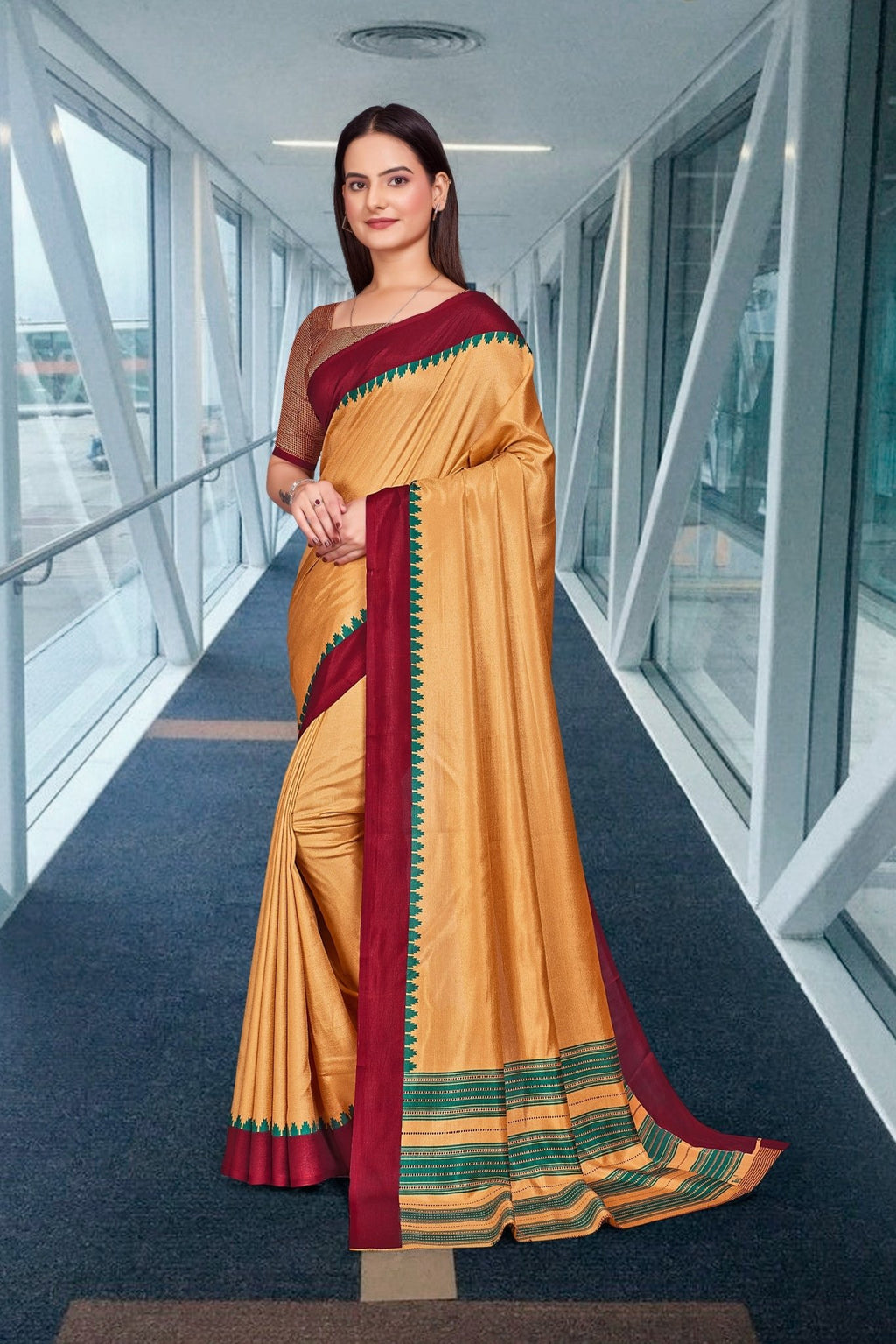 Beige Cotton Silk Corporate Uniform Saree - FeministaCotton Silk