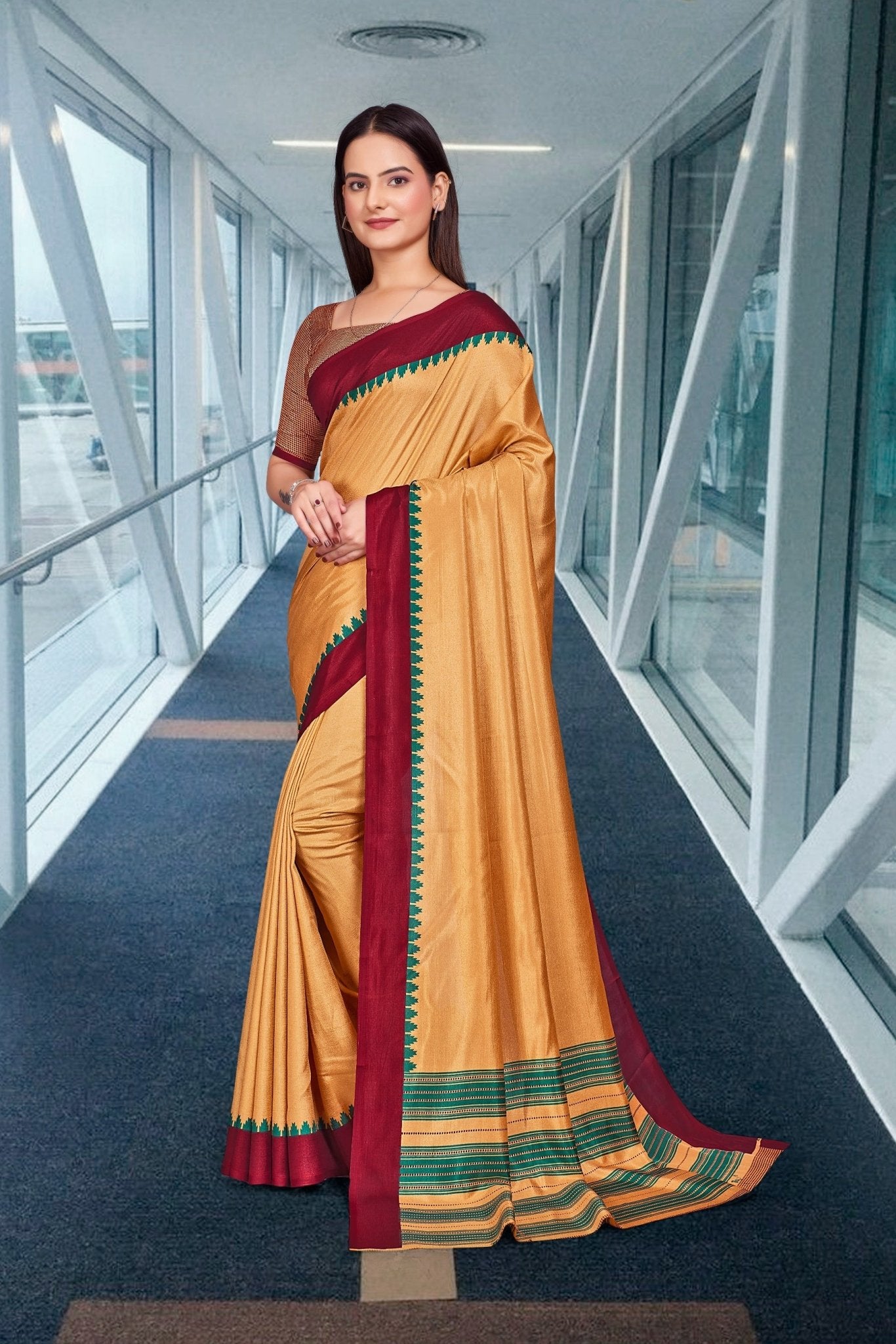 Beige Cotton Silk Corporate Uniform Saree - FeministaCotton Silk