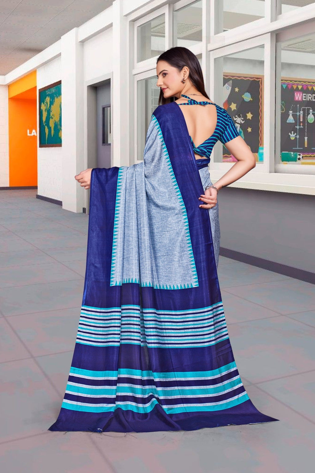 Grey Cotton Silk Workplace Formal Saree - FeministaCotton Silk