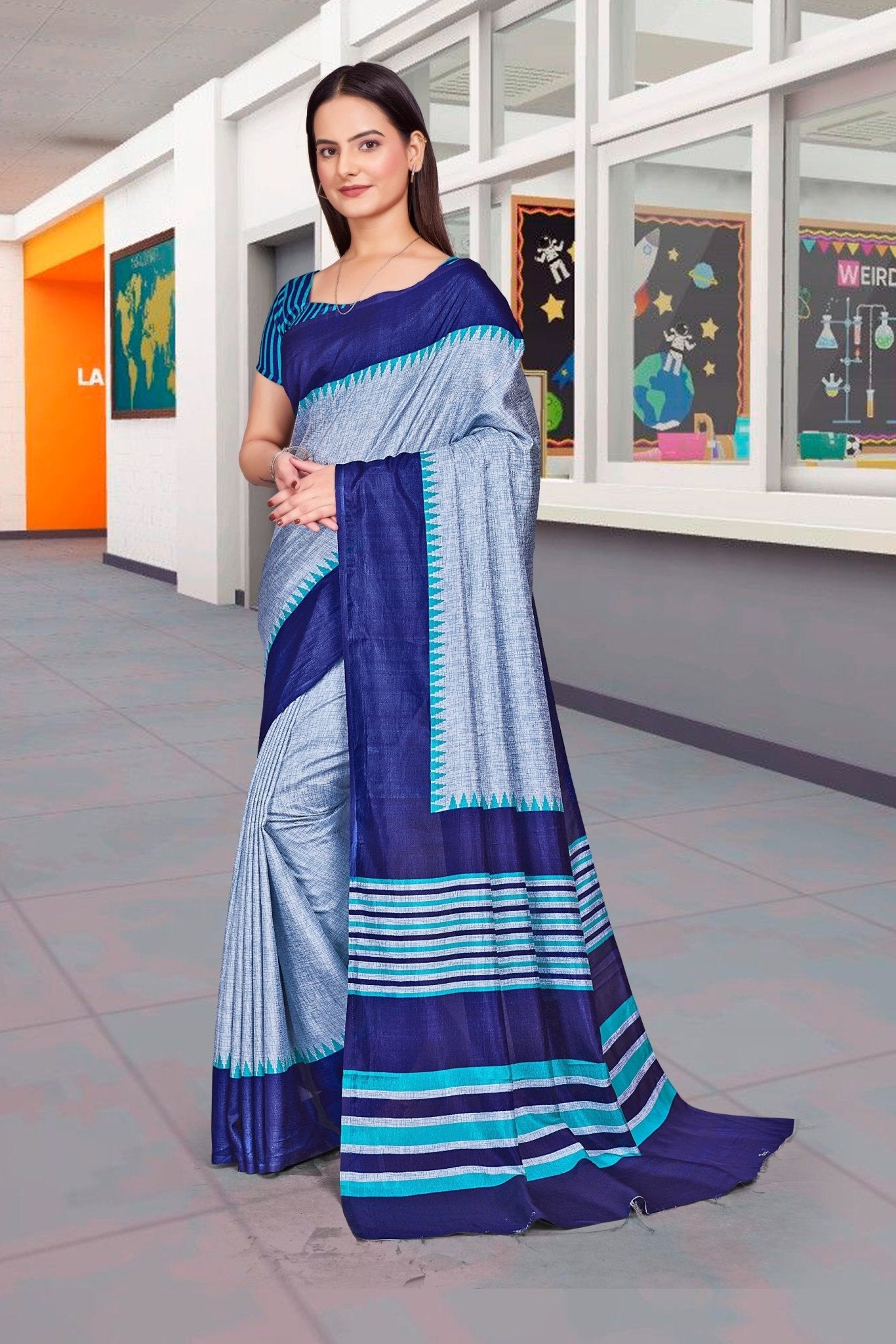 Grey Cotton Silk Workplace Formal Saree - FeministaCotton Silk