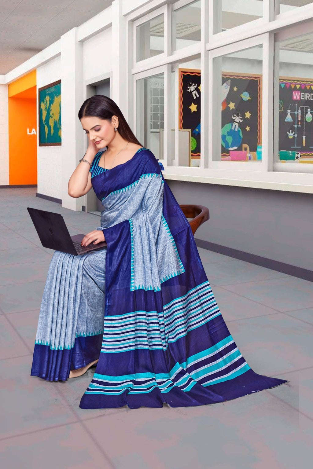 Grey Cotton Silk Workplace Formal Saree - FeministaCotton Silk