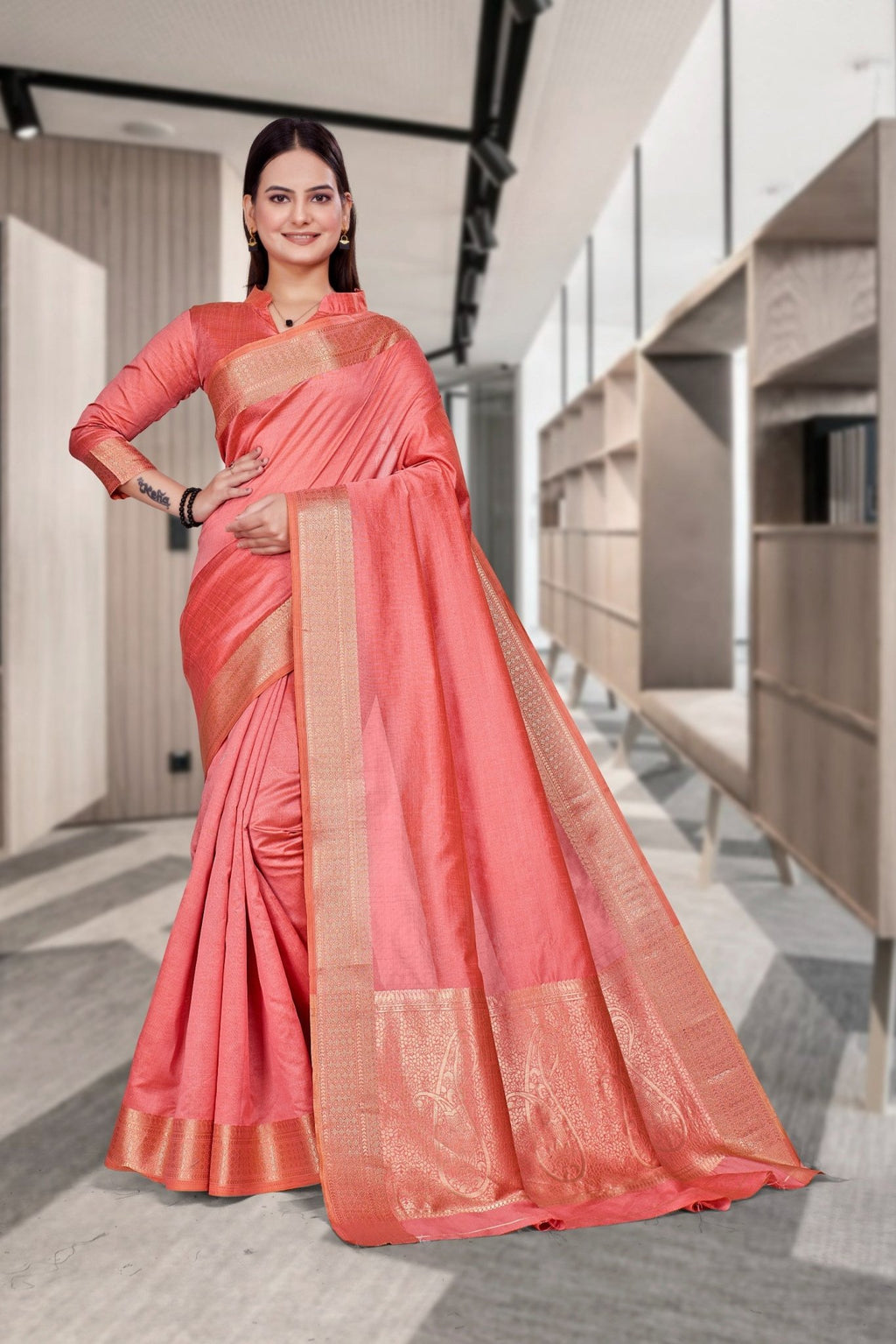 Red Cotton Silk Professional Office Saree - FeministaCotton Silk