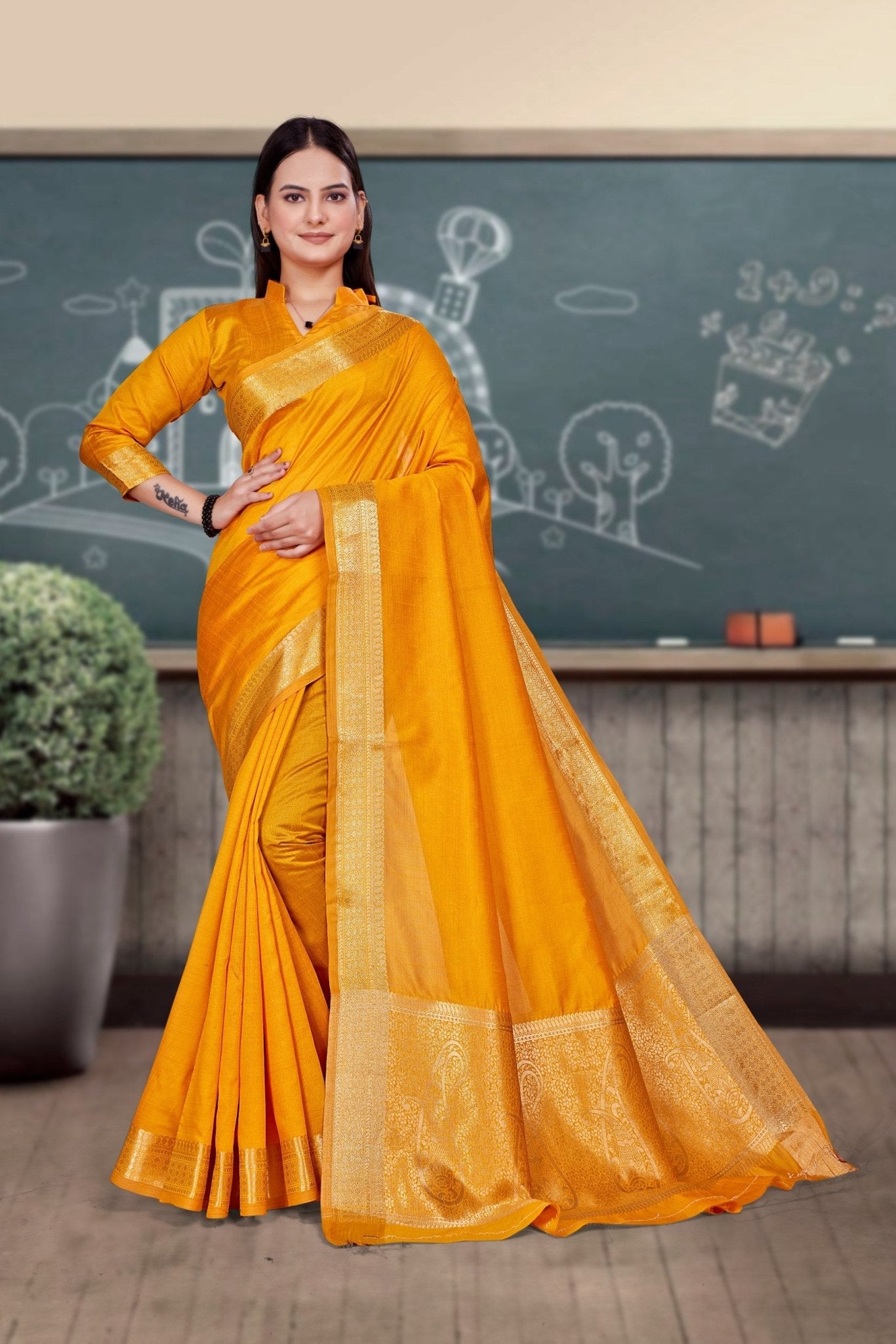 Mustard Cotton Silk Workplace Uniform Saree - FeministaCotton Silk