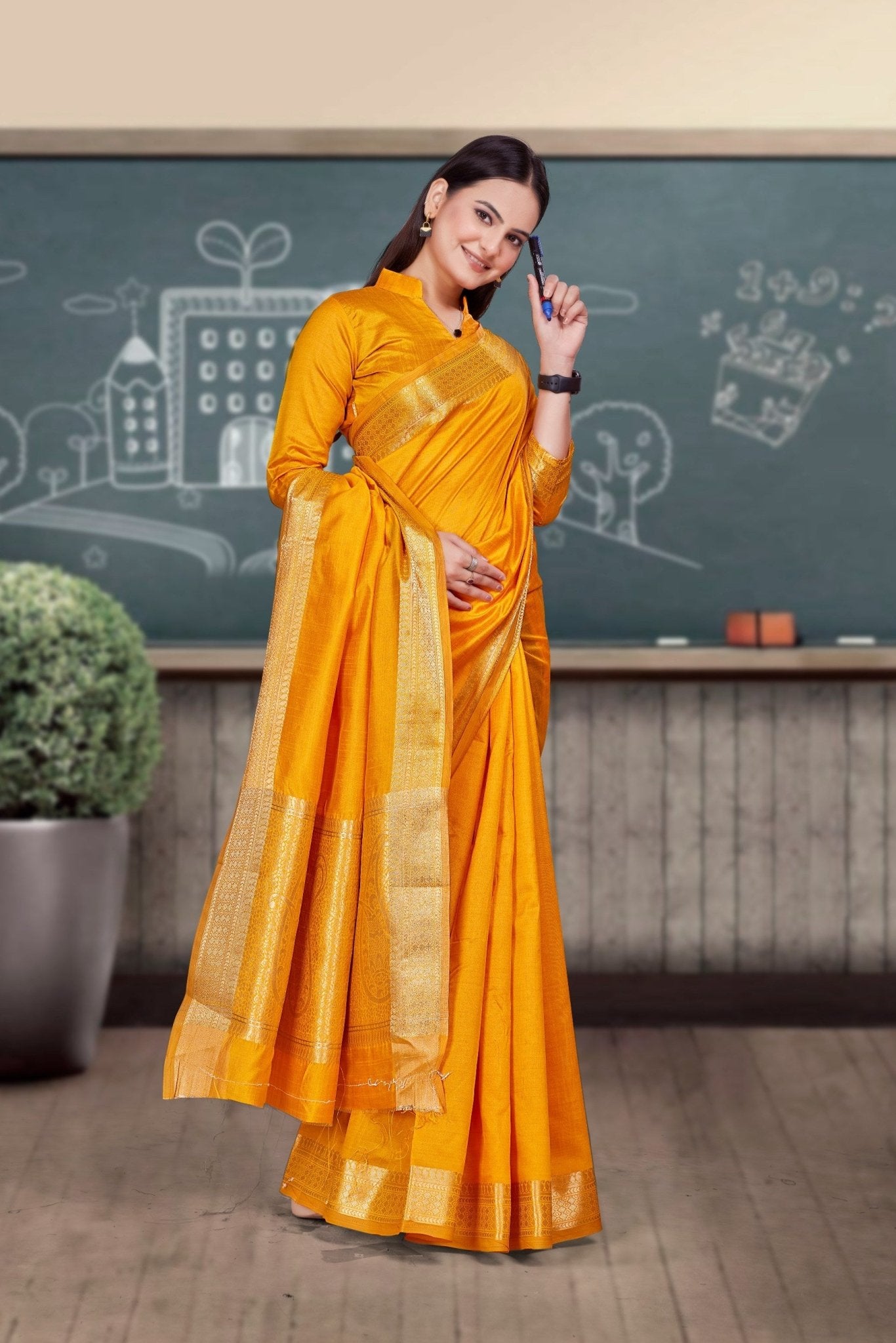 Mustard Cotton Silk Workplace Uniform Saree - FeministaCotton Silk