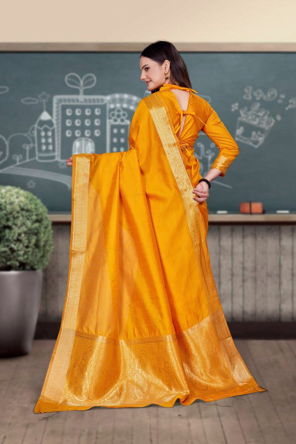 Mustard Cotton Silk Workplace Uniform Saree - FeministaCotton Silk