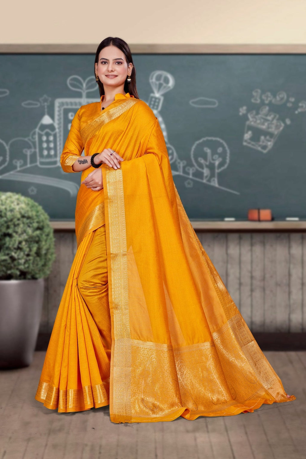 Mustard Cotton Silk Workplace Uniform Saree - FeministaCotton Silk