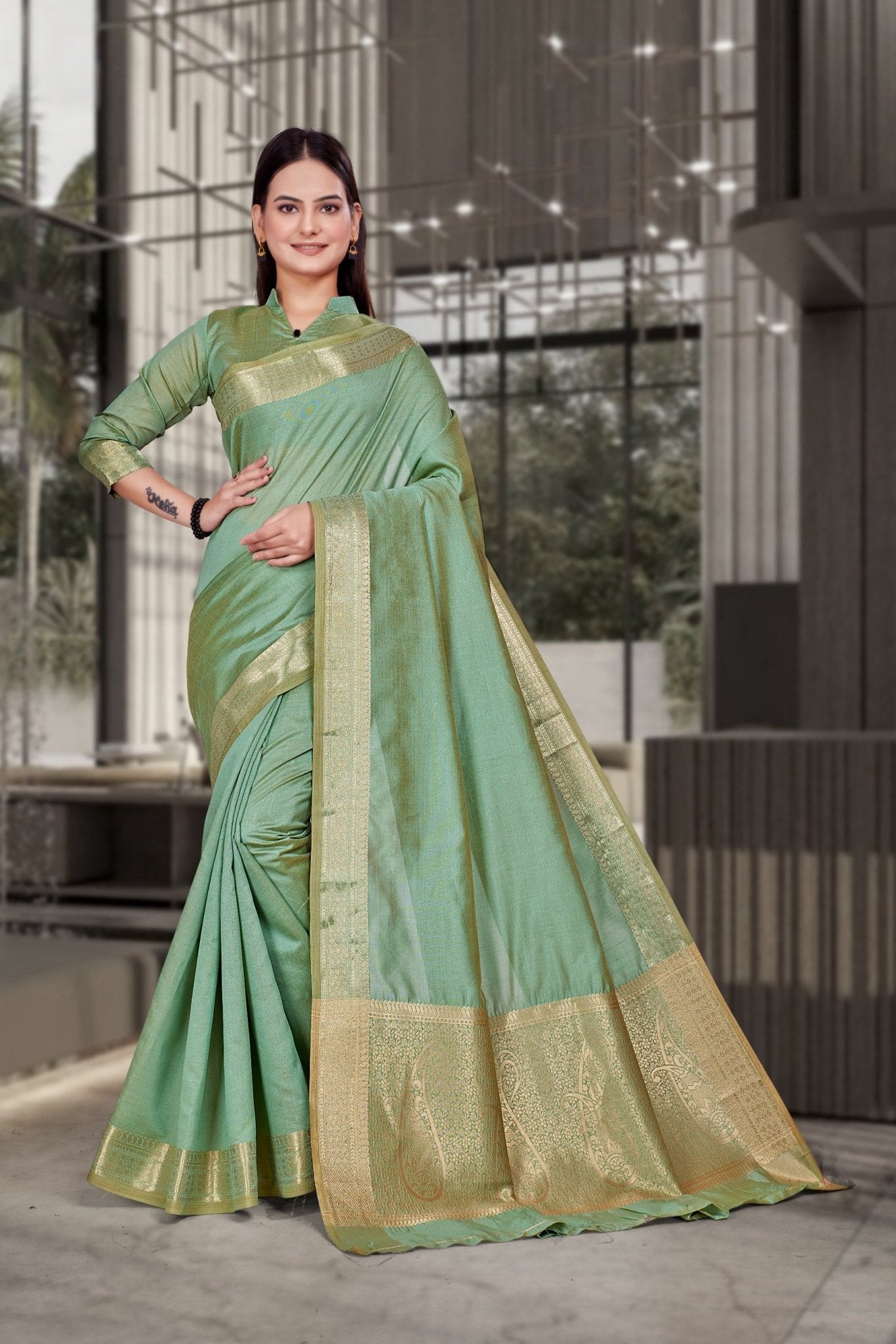 Green Cotton Silk Professional Office Saree - FeministaCotton Silk