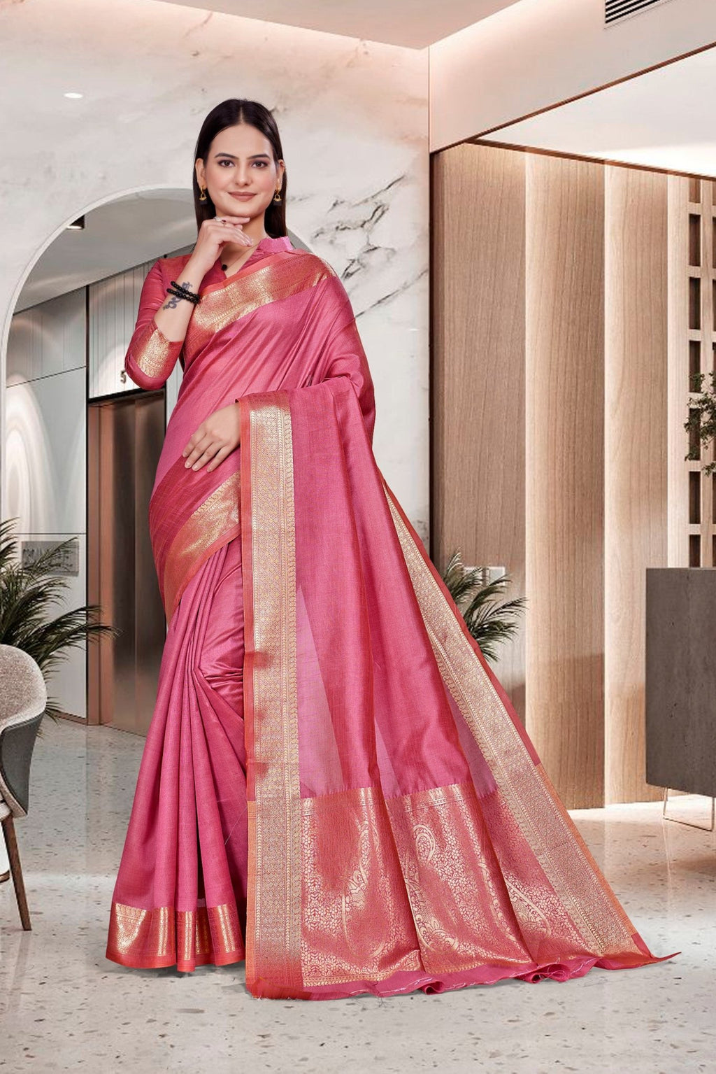 Pink Cotton Silk Office Professional Saree - FeministaCotton Silk