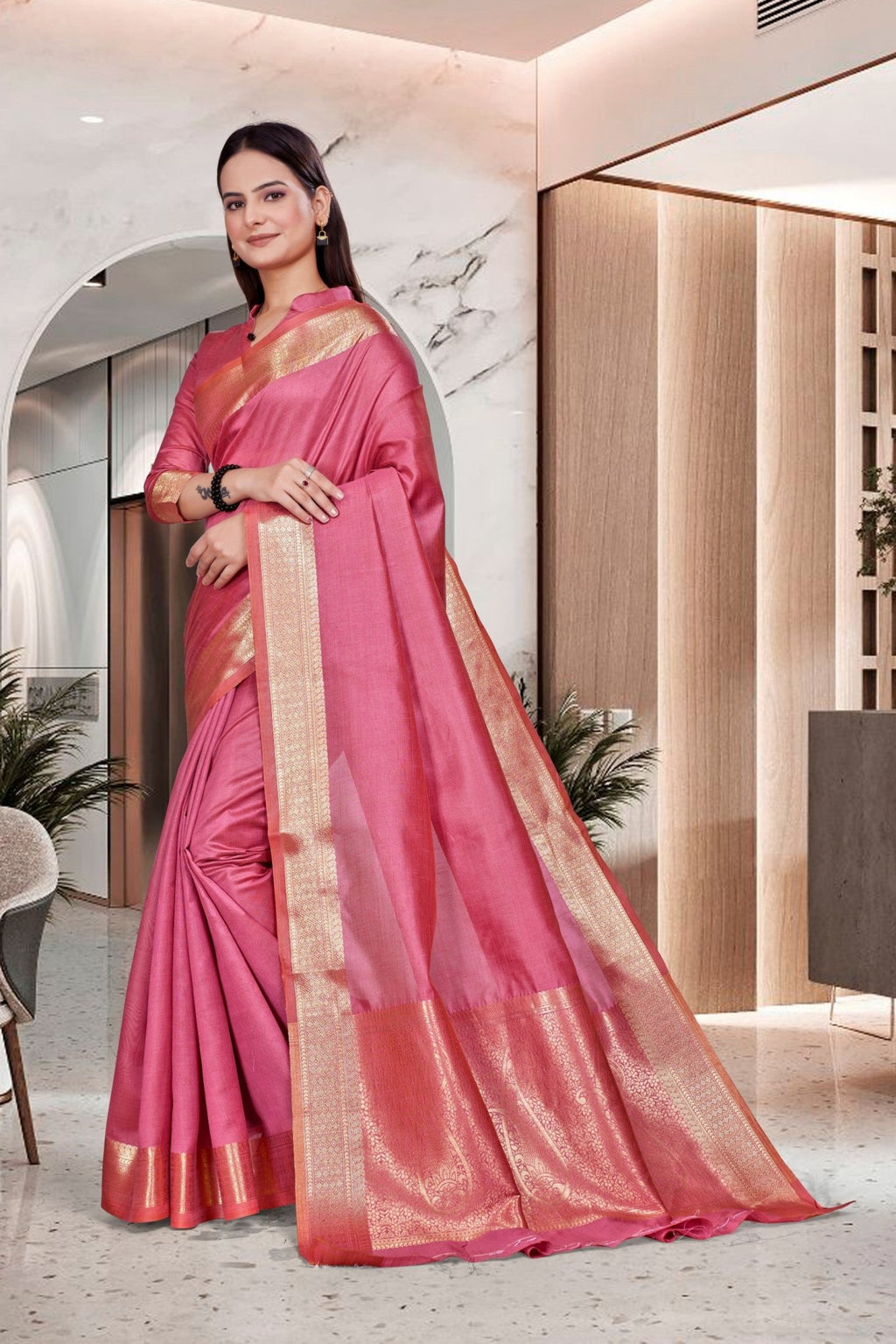 Pink Cotton Silk Office Professional Saree - FeministaCotton Silk