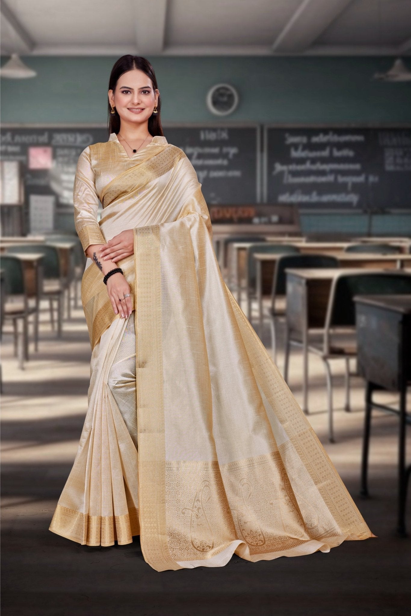 Cream Cotton Silk Professional Office Saree - FeministaCotton Silk