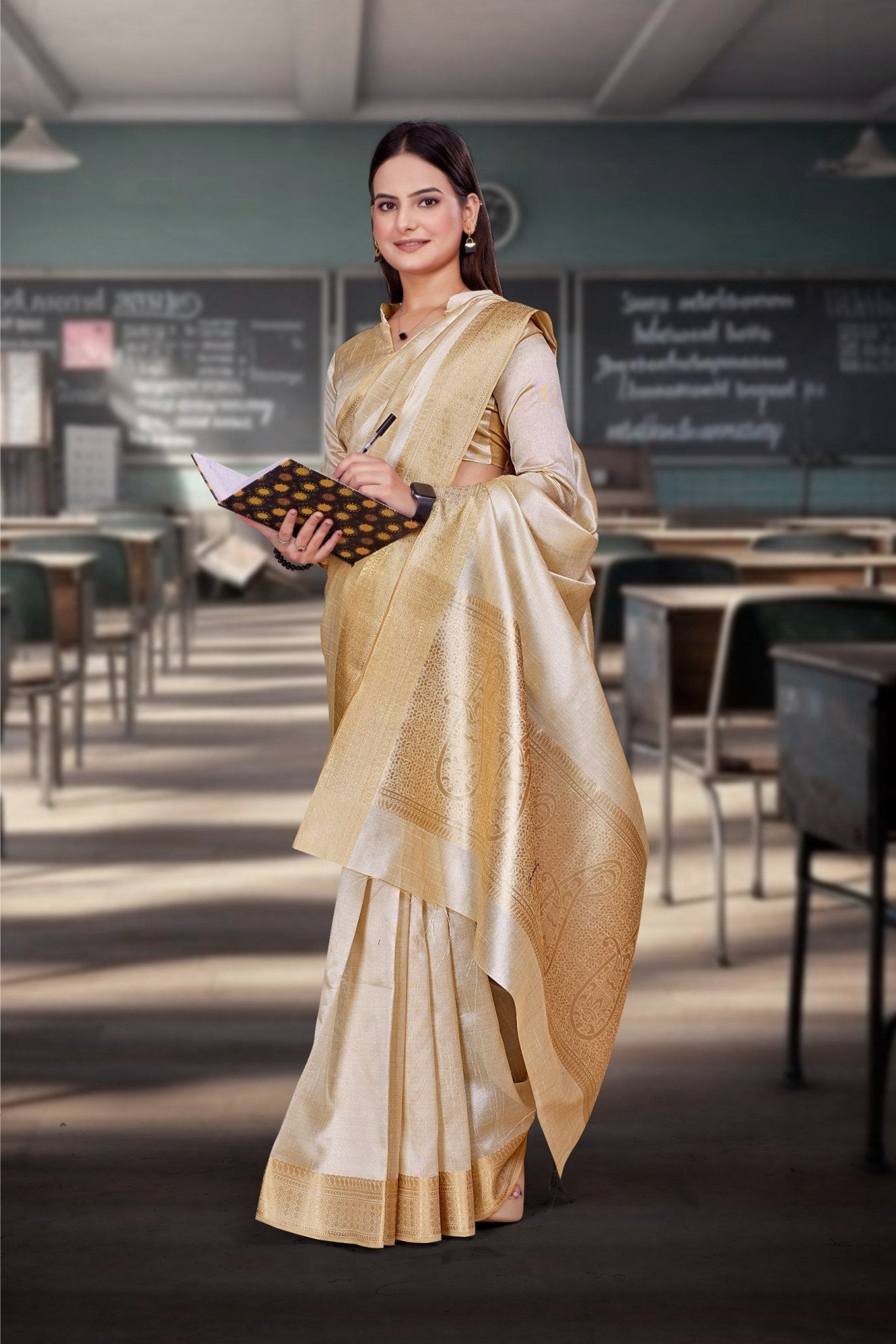 Cream Cotton Silk Professional Office Saree - FeministaCotton Silk