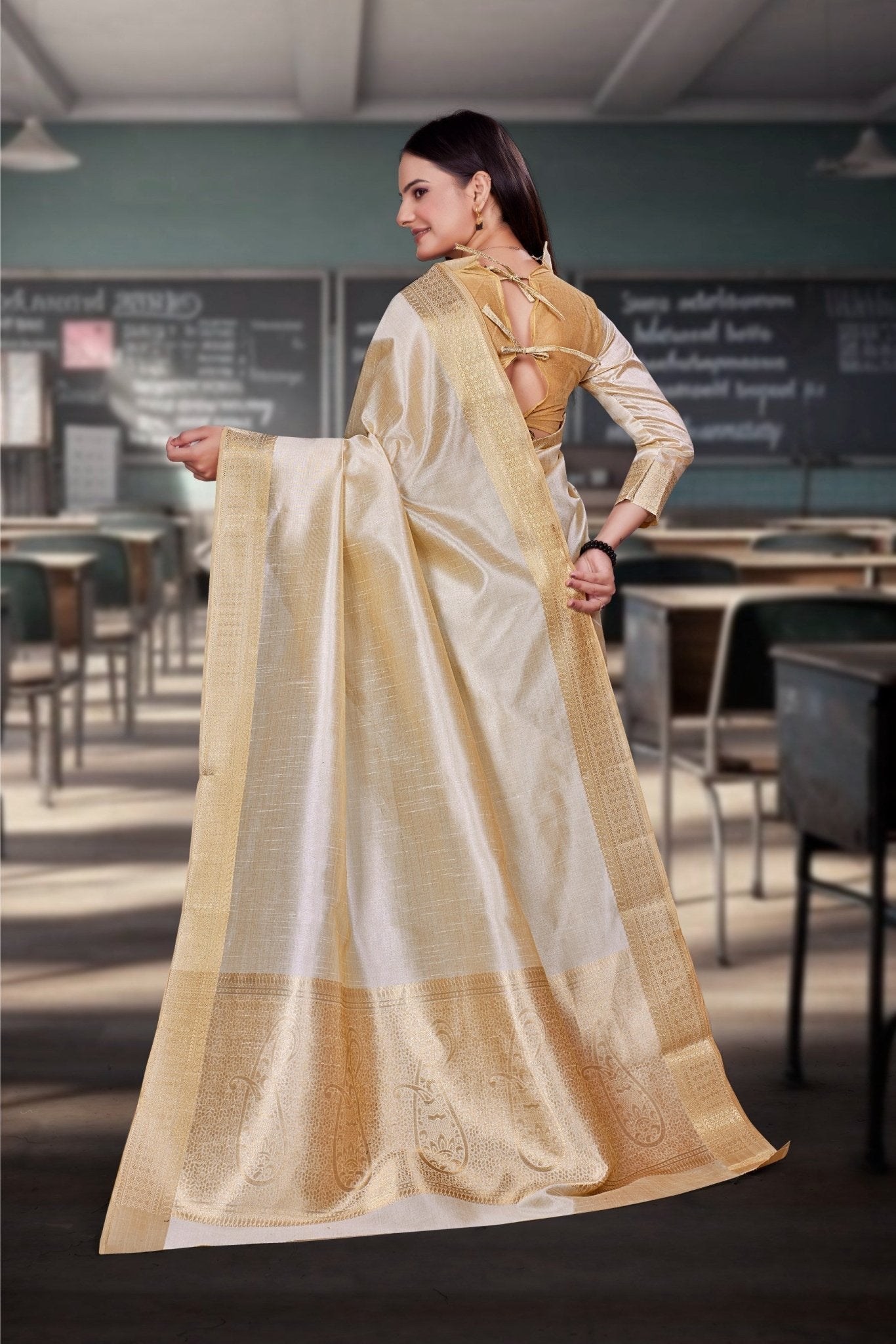 Cream Cotton Silk Professional Office Saree - FeministaCotton Silk
