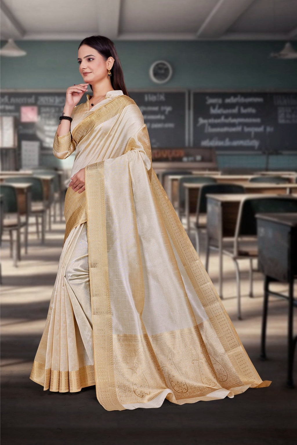 Cream Cotton Silk Professional Office Saree - FeministaCotton Silk