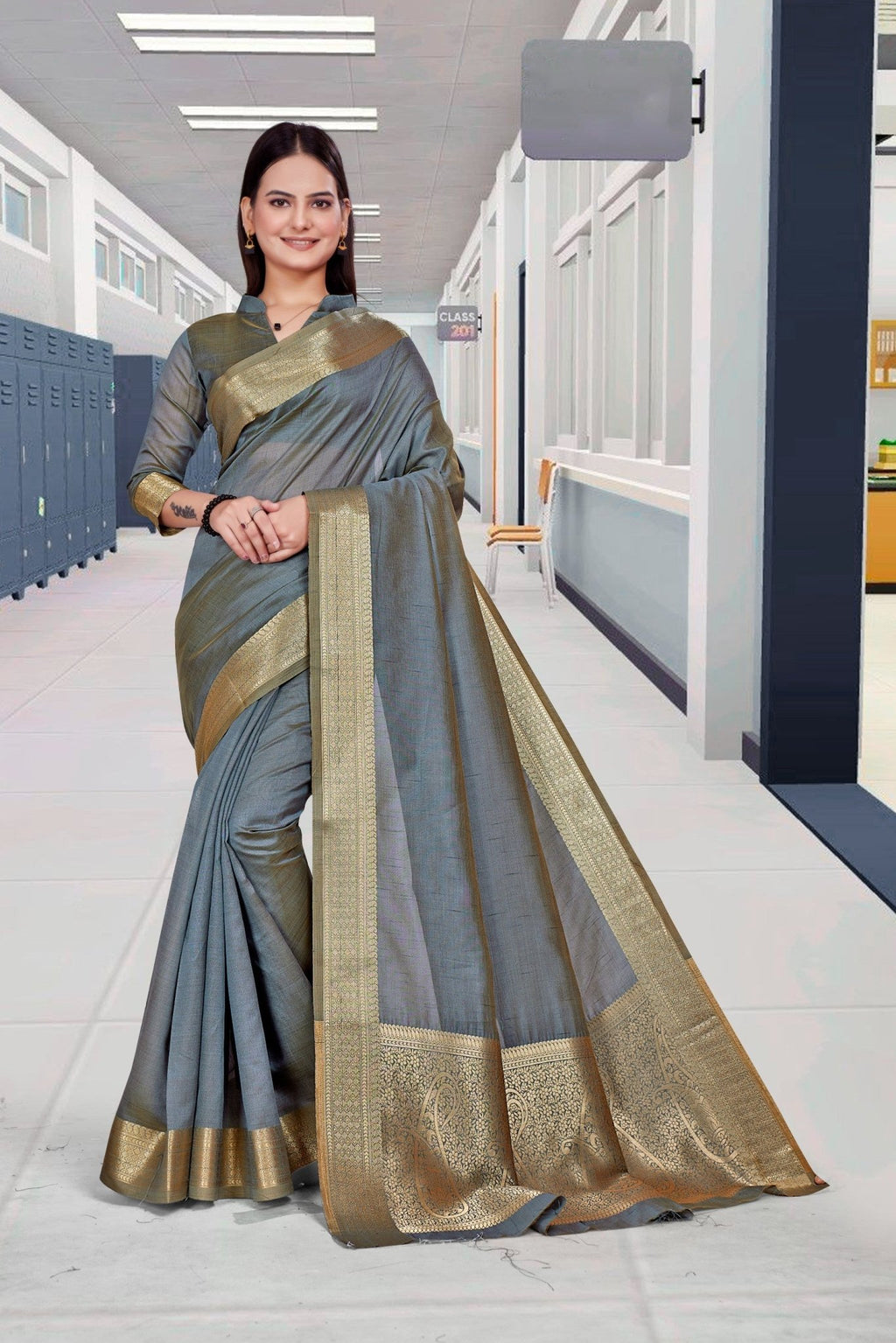 Grey Cotton Silk Work Wear Saree for Teachers - FeministaCotton Silk