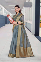 Grey Cotton Silk Work Wear Saree for Teachers - FeministaCotton Silk
