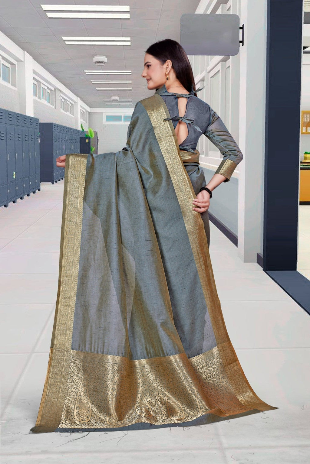 Grey Cotton Silk Work Wear Saree for Teachers - FeministaCotton Silk
