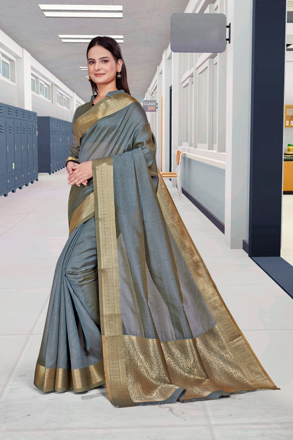 Grey Cotton Silk Work Wear Saree for Teachers - FeministaCotton Silk