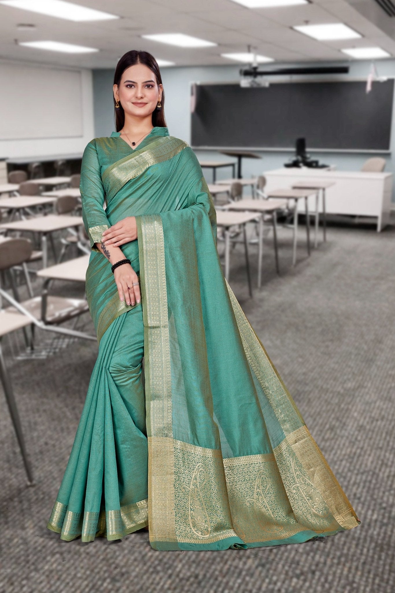 Green Cotton Silk Staff Professional Saree - FeministaCotton Silk