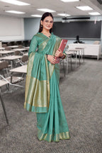 Green Cotton Silk Staff Professional Saree - FeministaCotton Silk