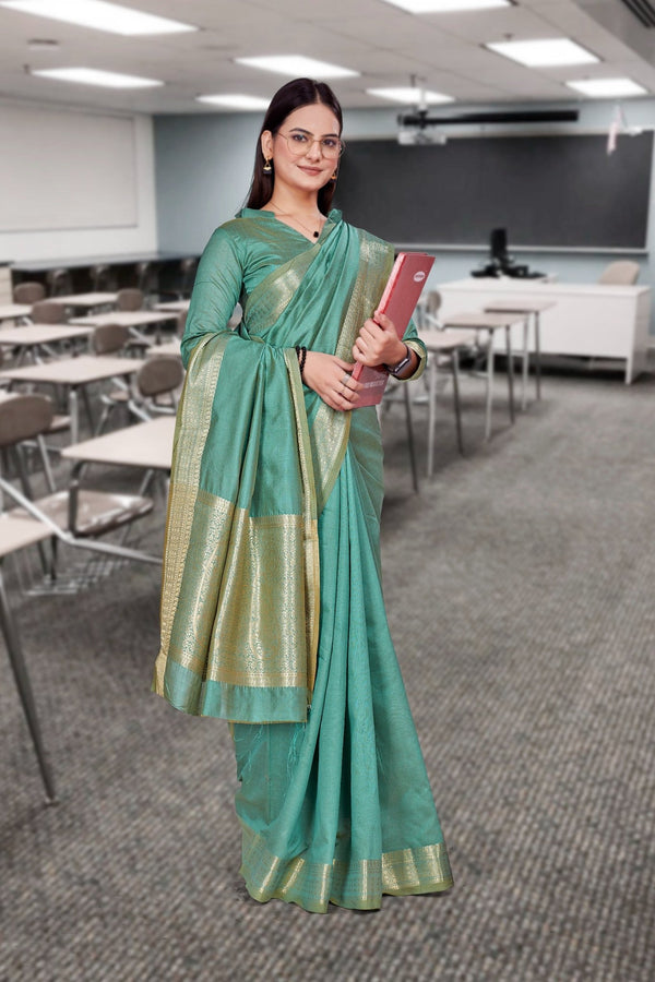 Green Cotton Silk Staff Professional Saree - FeministaCotton Silk