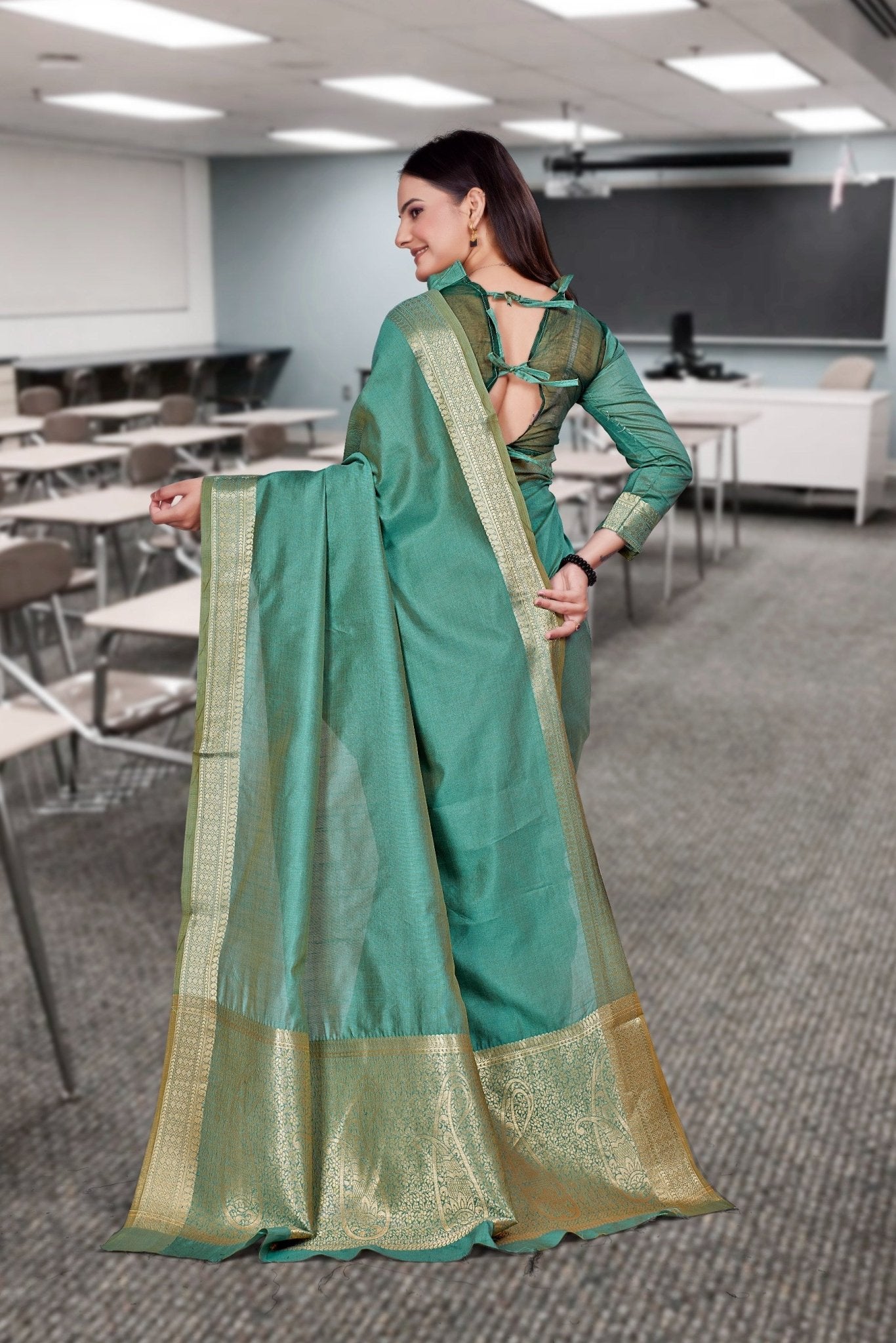 Green Cotton Silk Staff Professional Saree - FeministaCotton Silk