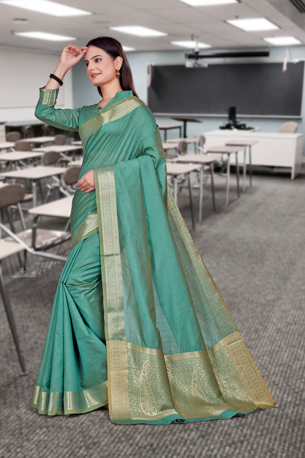 Green Cotton Silk Staff Professional Saree - FeministaCotton Silk