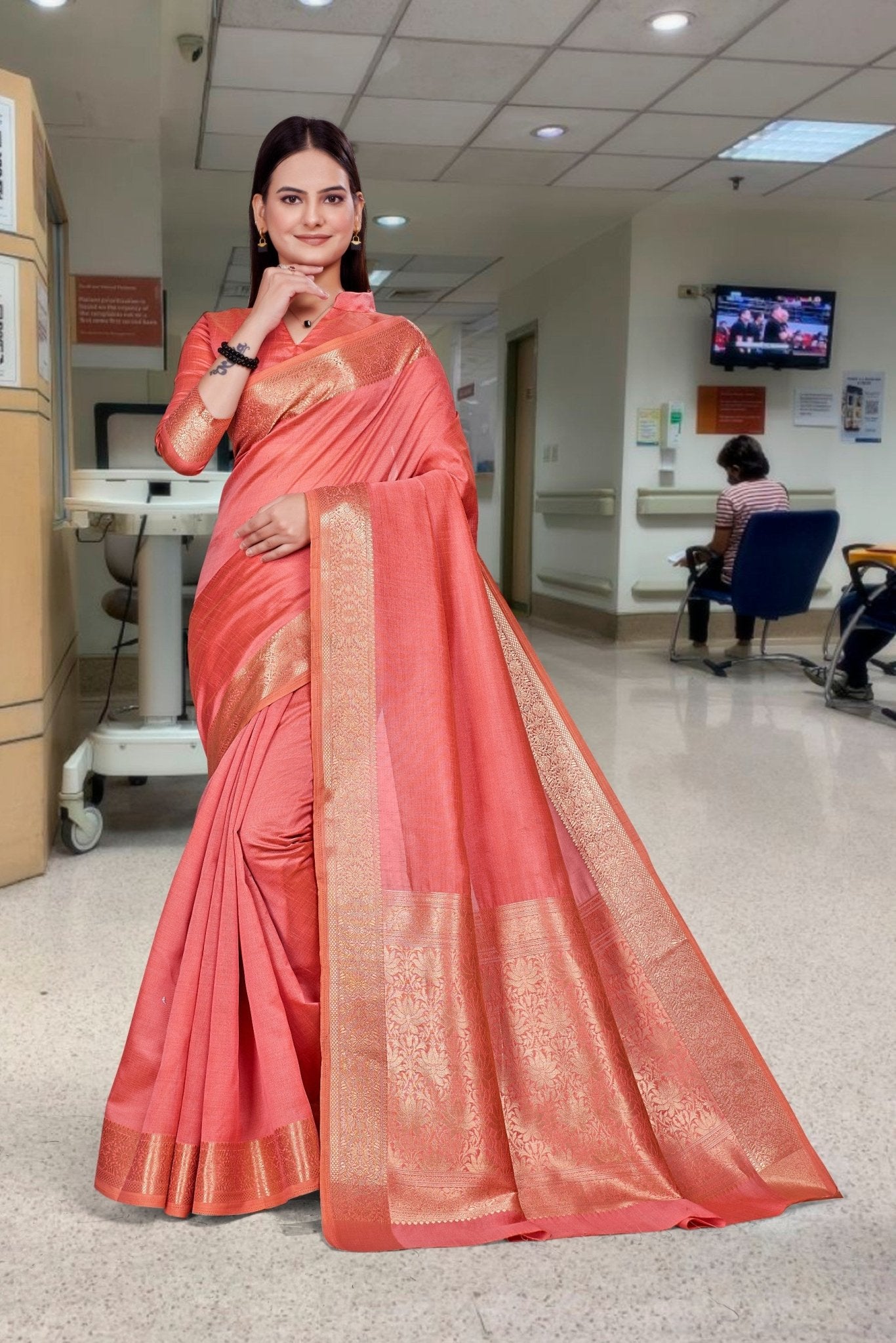 Red Cotton Silk Work Wear Uniform Saree - FeministaCotton Silk
