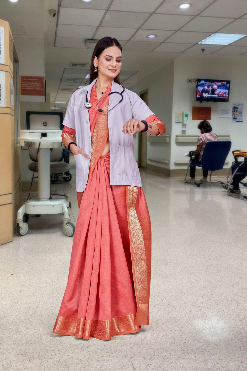 Red Cotton Silk Work Wear Uniform Saree - FeministaCotton Silk