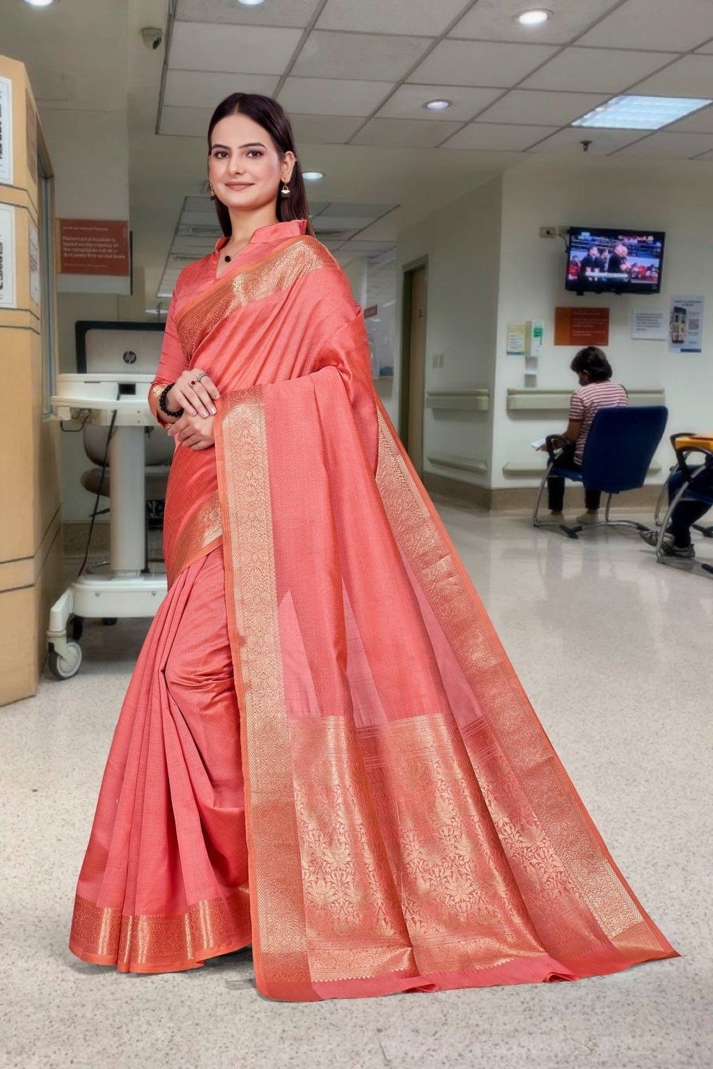 Red Cotton Silk Work Wear Uniform Saree - FeministaCotton Silk