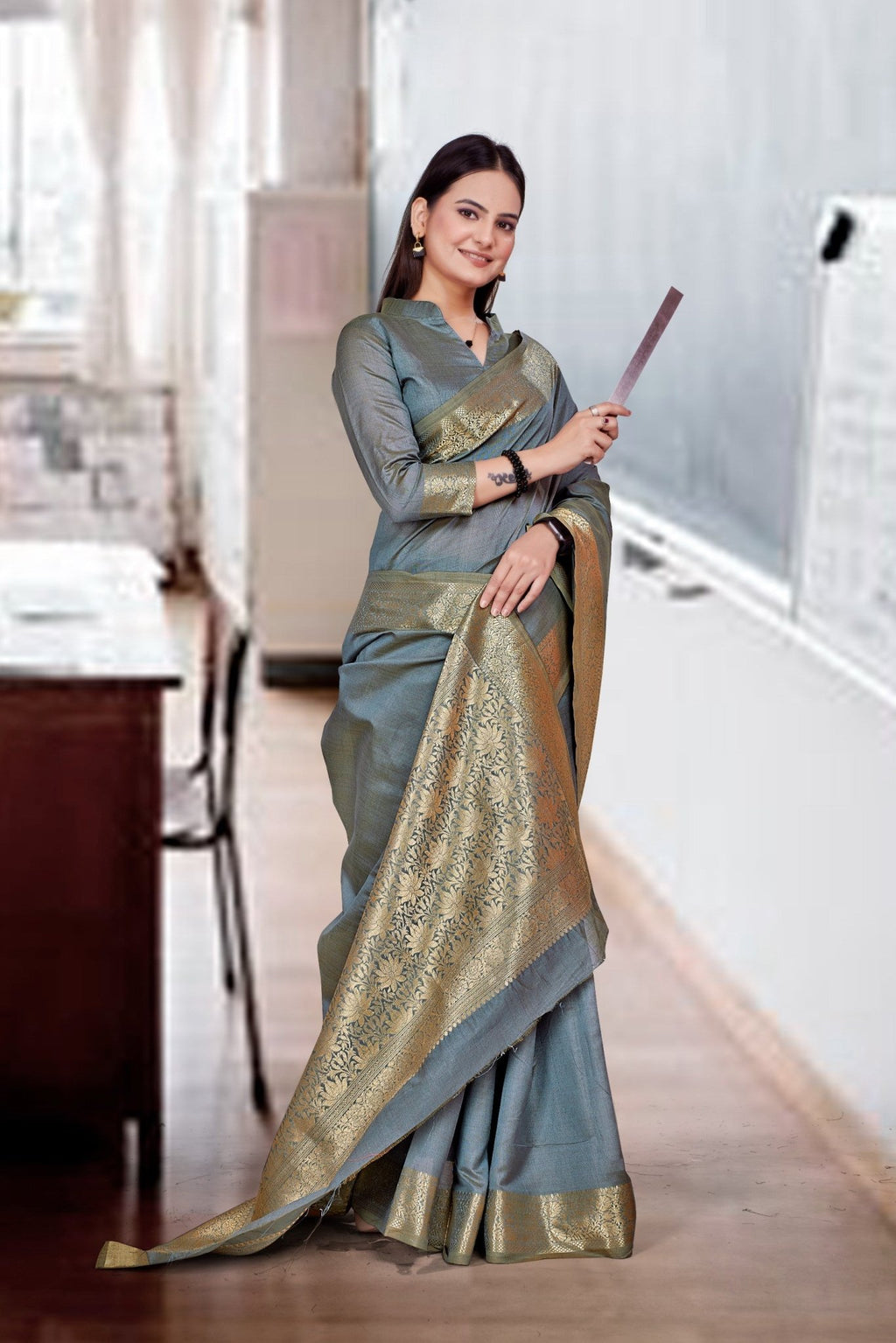 Grey Cotton Silk Workplace Uniform Saree - FeministaCotton Silk